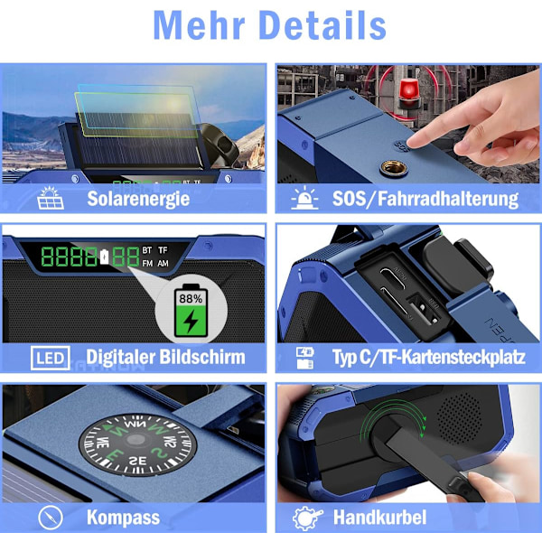 Solarradio - Bluetooth-høyttaler, IPX5 Vanntett Bærbar AM-FM Overlevelsesradio, 5000mAh Oppladbart Batteri Multifunksjonell Nødradio, Blå