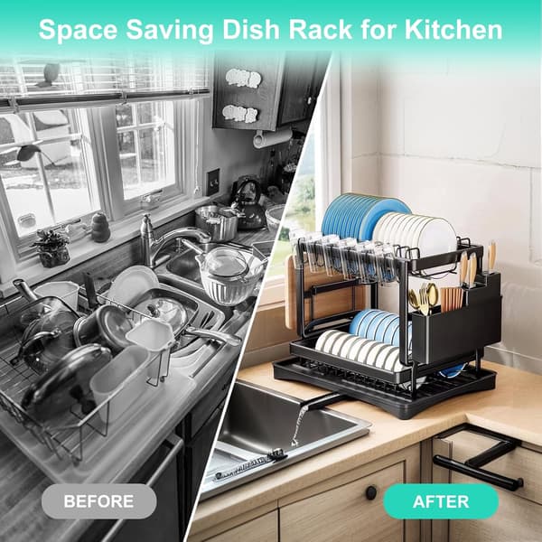 Dish Drying Rack for Kitchen Counter, Double Layer, with Drain Board and Cutlery Holder, Large Capacity Storage Rack, (Black) Black