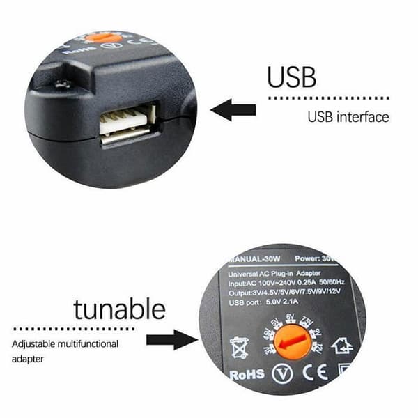 Universell strømforsyning - 30W - 3V til 12V - 6 avtakbare tupper - Innendørs - Elektrisk