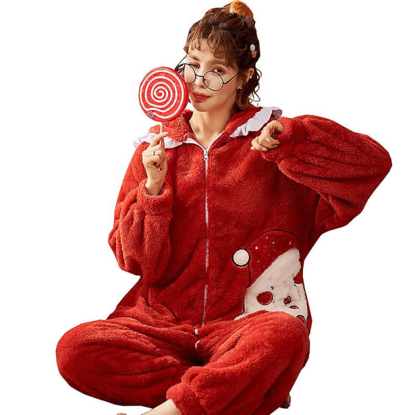 Pyjamas Kvinnlig höst- och vinterkorallfleece Söt studentdräkt i ett stycke förtjockad flanell hemservice (röd, xl)