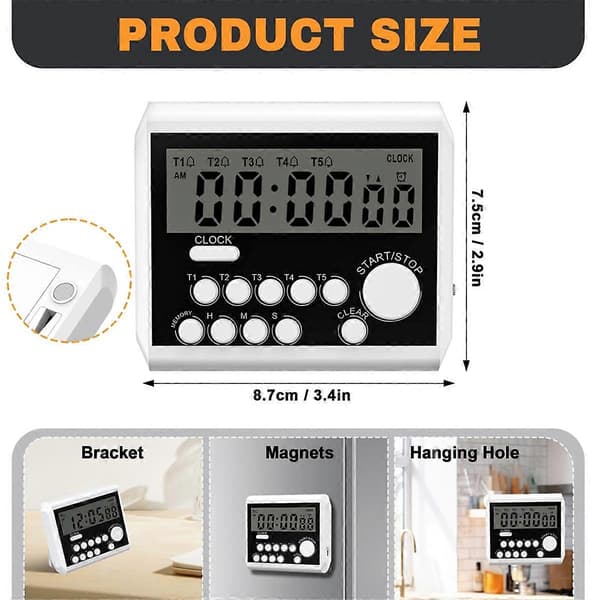 5-kanals digital kökstimer, klockläge med stor LCD-display, matlagningstimer, högt volymlarm White