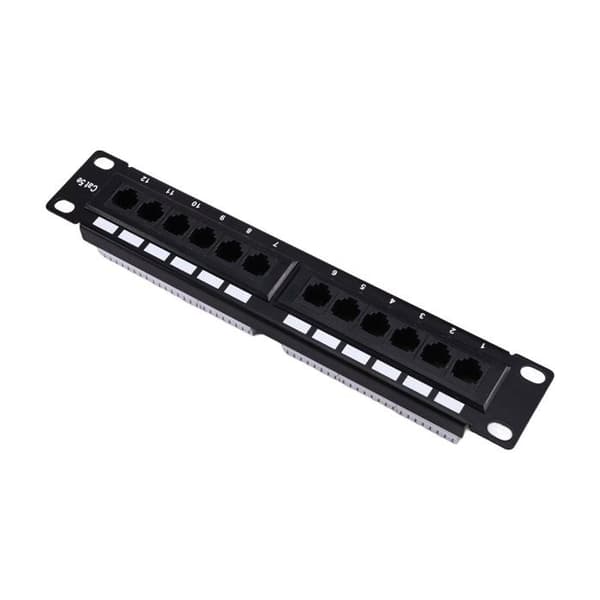 12-portars CAT5e 10G patchpanel, 1U formfaktor, UTP, vägg- eller rackmontering, anslutningsblock för CAT5e-kablar