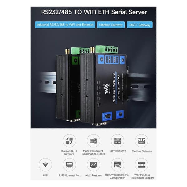 Waveshare RS232/485 til WiFi og Ethernet, seriell serverkonverter Black