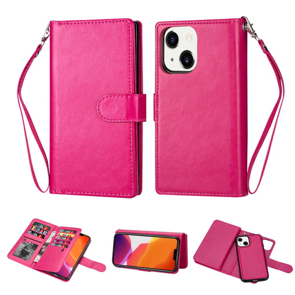 iPhone 14 - Practical 9-Card Wallet Case Rosaröd