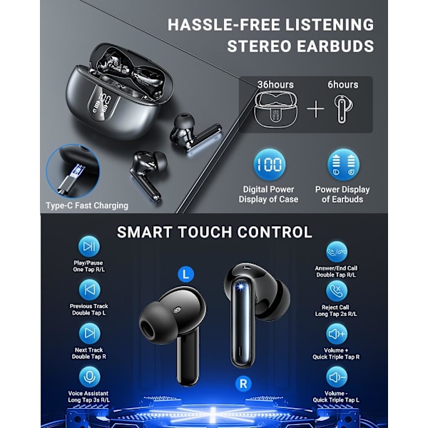 X500 Langattomat Bluetooth-kuulokkeet - 30 tuntia C4U® ANC ENC BT 5.3 Black Svart
