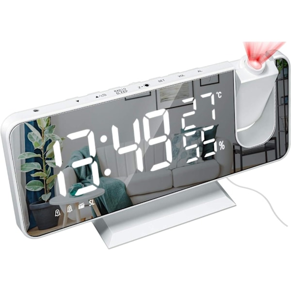 Radio Projektionsväckarklocka LED Stor Skärm Temperatur och Luftfuktighet Elektronisk Klocka för Sovrum Kök Present - Vit Skal Digital Vit