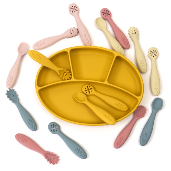 3 st Silikonsked och gaffel för baby, set med matningsredskap, matning, småbarn, lära sig äta, träning, mjuk gaffel, bestick, barnservis 008-mustard