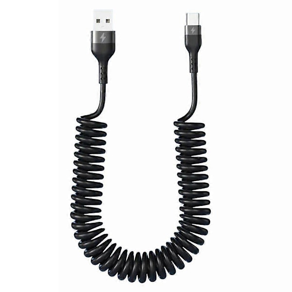 USB til USB C Spiral Kabel Uttrekkbar Billaderledning Kompatibel Iphone for Android Dataoverføring Fjærdesign 5A Hurtigladekabel Black 150CM
