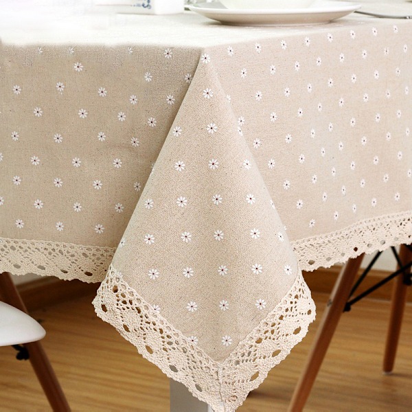 Bordsduk med prästkragemönster, storsäljare i linne och bomull med spetskant, rektangulär bordsduk för hem och hotell, textil White 140x200cm