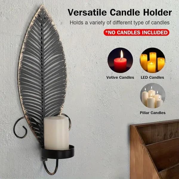 2-pack Metal Wall Sconces – Rustic Table & Wall Decoration without Candles with Leaf Pattern for Home