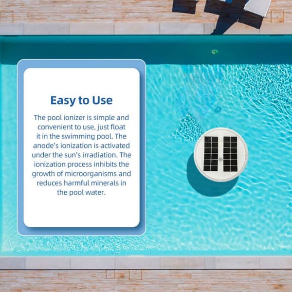 Solar ionisator til overjordiske/nedgravede pools, eliminerer alger, reducerer klor med 85%, flyder og renser, 3 børster, sikkert mærke