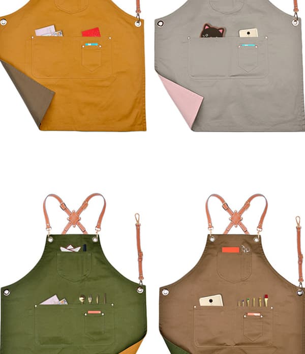 Mote-denimforkle, arbeidsforkle (kryssbrunt belte, lerret, dobbeltsidig grå rosa)