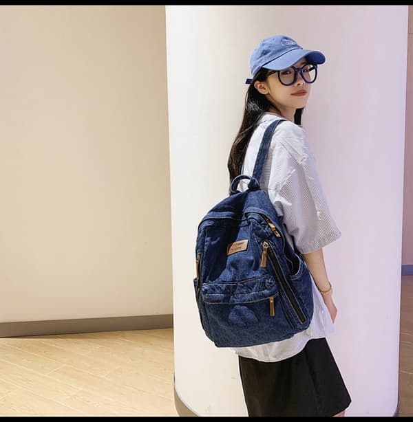 High School Student Backpack Large Capacity Denim Trendy Matching Travel Backpack BLUE-1