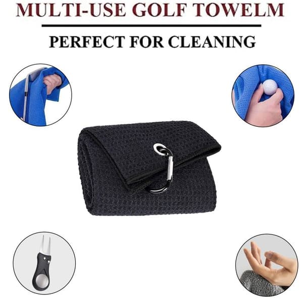 1 Golf tilbehørssæt, 40x40cm mikrofiberhåndklæde, ergonomisk køllebørste, foldbar divot-reparator, til golfspillere.