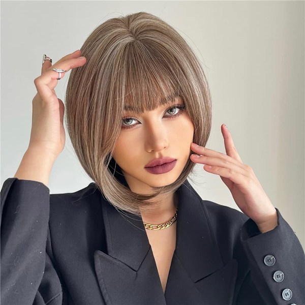 Brun blandad vit bob-peruk med lugg, 30 cm brun highlight-peruk för kvinnor kort rak peruk brun syntetisk peruk för daglig fest