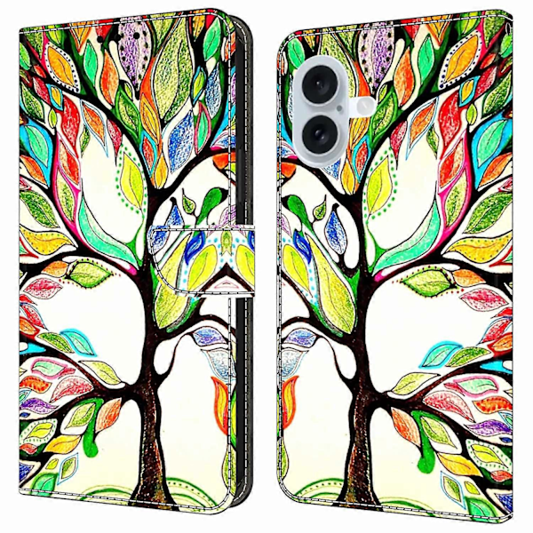Skal till iPhone 16 Mönstertryckt Skyddande Fodral TPU+PU Läder Flip Telefonfodral- Multicolor Tree