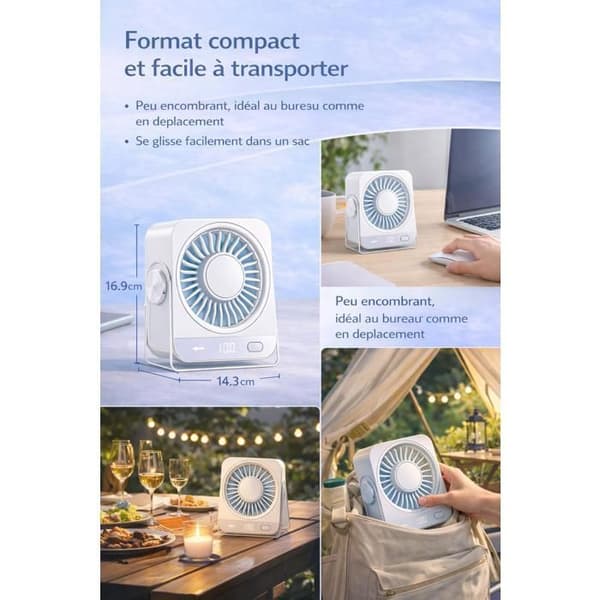 Bordventilator - MICHLO - USB Genopladelig Model - 5 Hastigheder - Lav Støj 36 dB - Halvleder Køling