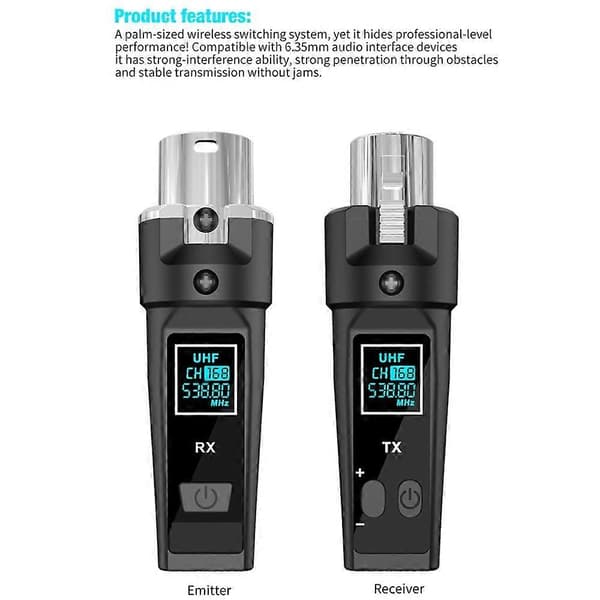 2.4G XLR-adapter system trådløs mikrofonsender mottaker for dynamisk mikrofon lydmikser gitar PA-system Black