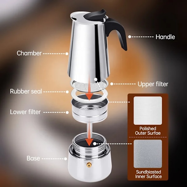 Italialainen kahvinkeitin ruostumattomasta teräksestä espressolle 2/4/6/9 KUPPIA Yhteensopiva kaasu-, keraamisen ja sähköliesien kanssa. 2 Tazas 100ML