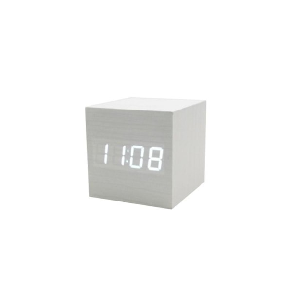 Led träklocka Kreativ elektronisk klocka Fyrkantig digital klocka Mini liten väckarklocka Termometer sängklocka (vit trä och vita figurer)