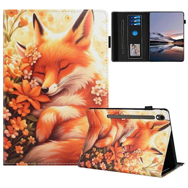 Kompatibel med Samsung Galaxy Tab S9/S9 FE Fodral Mönstrat Läder Tablet Skydd med Auto Sleep/Wake, Korthållare Multicolor Flower Fox