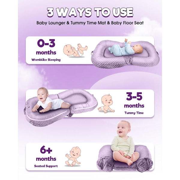 Baby Lounger - 3-i-1 Babynest för Nyfödda 0-24 Månader, Andningsbar & Mjuk Baby Nest Säng för Bebis, Portabelt Babynest för Hemma och Resor Purple