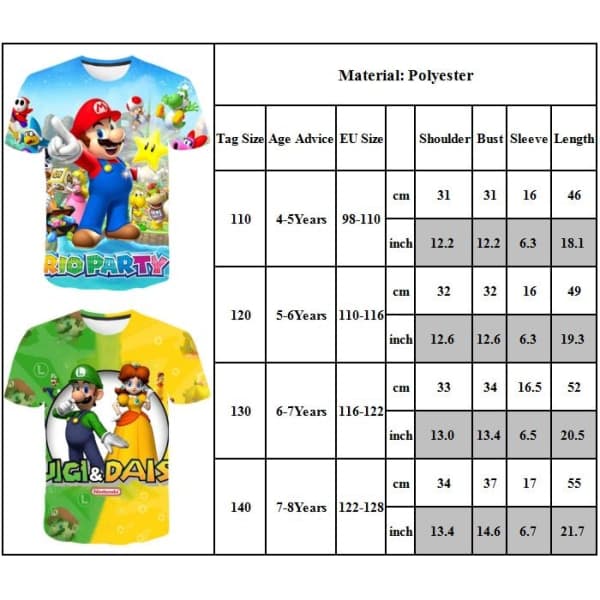 Super Mario 3D-trykt T-skjorte for barn Gutter Topper - B[YD] B B 110CM