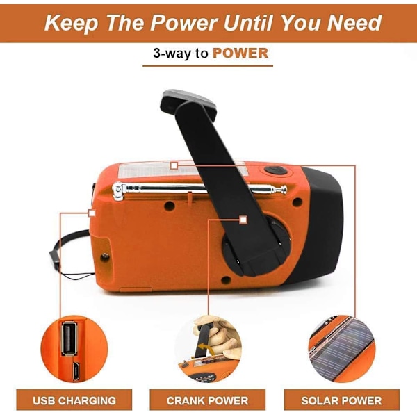 Väderradio, Solradio, Nödladdningsradio med Handvev, Självdriven AM/FM Solcellsväderradio med LED-ficklampa, WB-radio med Batteribackup Orange