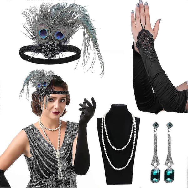 Flapper Tilbehør, 1920'er Gatsby Tilbehør til Kvinder Inkluderer Flapper Pandebånd Halskæde Handsker Sort Dark Green