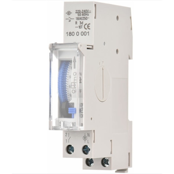 Mekanisk 24-timmars timer, minsta tidsintervall 15 minuter, skenmontering, inbyggt batteri Sul180a AC220-240V Grå