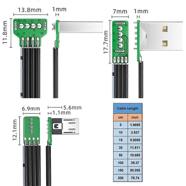 Joustava litteä silikoninen Microed USB -kaapeli 90 asteen liittimellä helppoon käyttöön 0.3m USB down