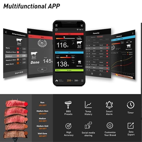 Matlaging Bluetooth Trådløs BBQ Fjerntermometer Prober Smart Digital Bluetooth Grilltermometer-WELLNGS-XF5-