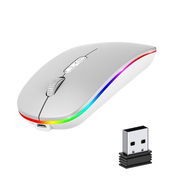 Led trådlös mus, uppladdningsbar tyst 2,4 g trådlös datormus med USB mottagare, för bärbar dator, Macbook, Moonlight White