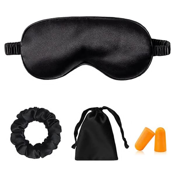 1 Sovemaske, imitasjonssilke, ørepropper, sateng scrunchie, reise, fly.