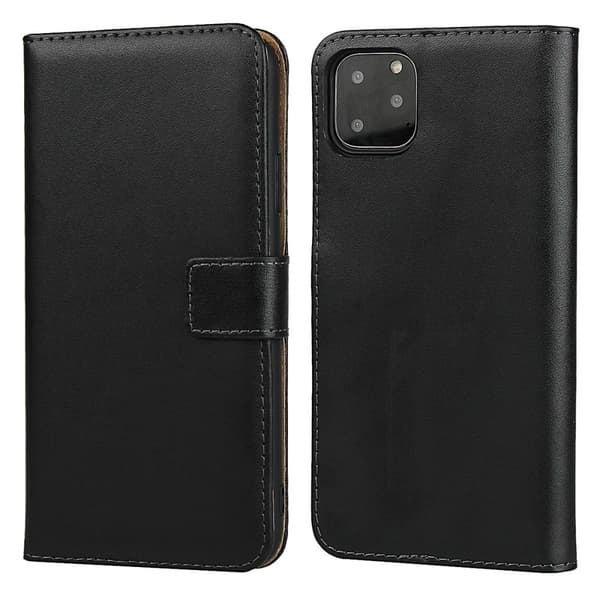Kompatibel med iPhone 11 - Ægte Læder Wallet Case - Sort Black Svart