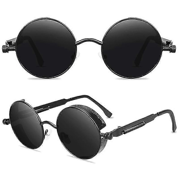 Vintage-polarisaatiolla varustetut pyöreät steampunk-aurinkolasit miehille, tyylikäs Db Black Frame Grey Lenses