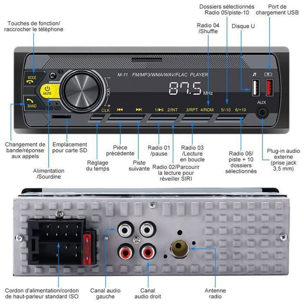 Bluetooth bilradio - OLOKDYIZ - Dobbelt-DIN - 4x45W - Stemmestyring - 7 farver