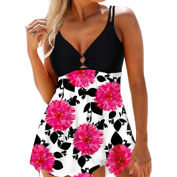 Lady Swimwear Swimdress Tankini Set Plus Size Pink White 3XL