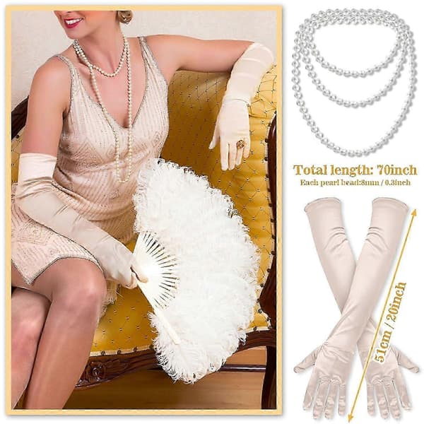 Flapper Tilbehør, 1920'er Gatsby Tilbehør til Kvinder Inkluderer Flapper Pandebånd Halskæde Handsker Sort Beige