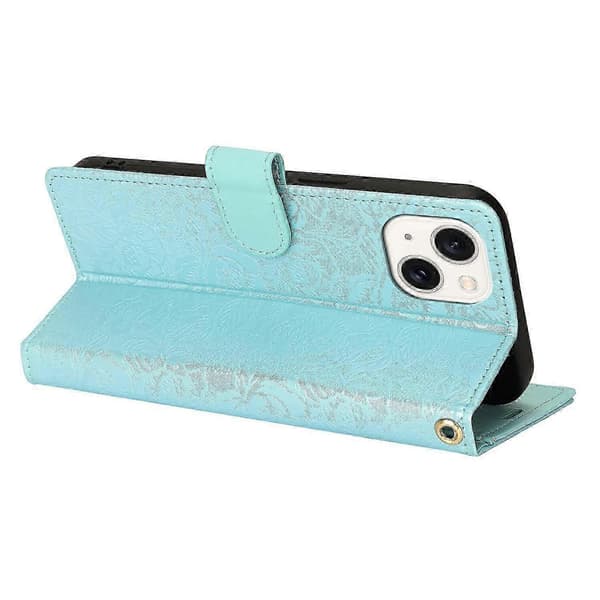 For iPhone 14/13 Mobile Case with Hand Strap Flower Print Leather Wallet Case - Blue (Blue)
