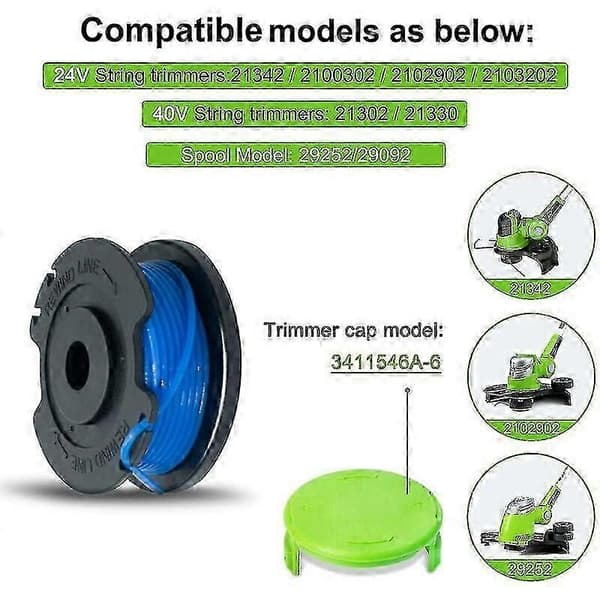 Trimmerspole kompatibel med Greenworks 20V 24V 40V 80V (4 spoler, 1 hette)