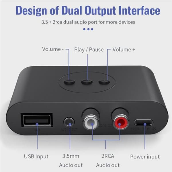 3X Bluetooth 5.0 Audio Modtager RCA 3.5mm AUX Jack Stereo Musik Trådløs Adapter med Mikrofon til Bilsæt, Sort