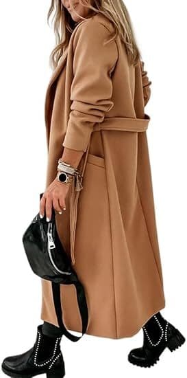 Women's Coat Collar Open Front Belted Long Jacket Khaki khaki L