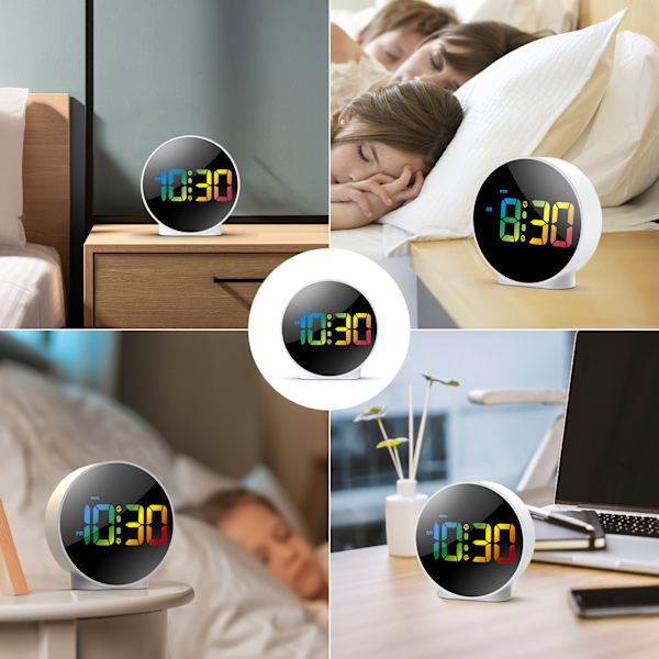Digital Väckarklocka LED Bordsklocka Snooze Visningstid Nattlampa Skrivbords Rund Klocka USB Väckarklocka Heminredning Gåvor 3 Färger White