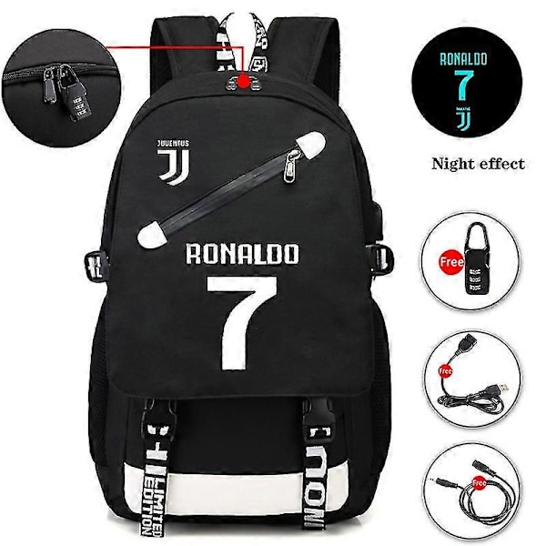Lysende Ronaldo USB Rygsæk Skoletaske til Drenge Teenage Fodbold Rygsæk Mænd Stor Kapacitet Teen Rygsæk