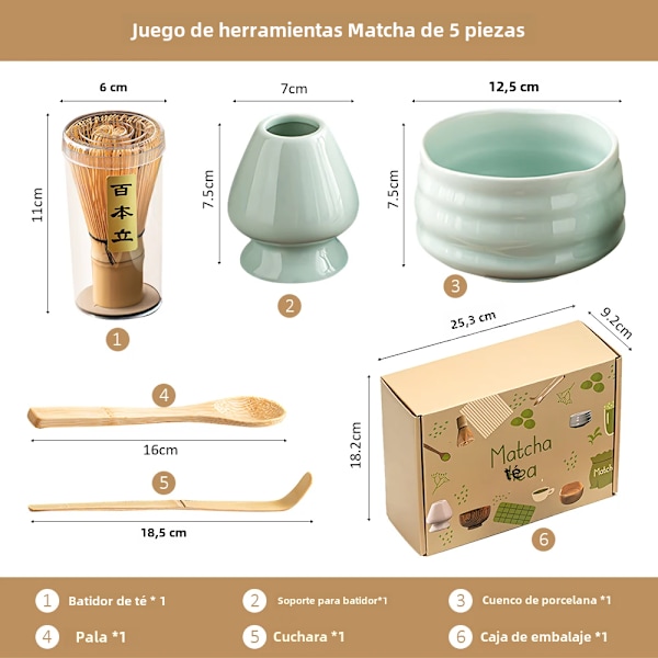 Baiben Li Matcha-verktyg i japansk stil, Rego-låda med tepinne från Songdynastin, Matcha-skål Light green Five-piece Set