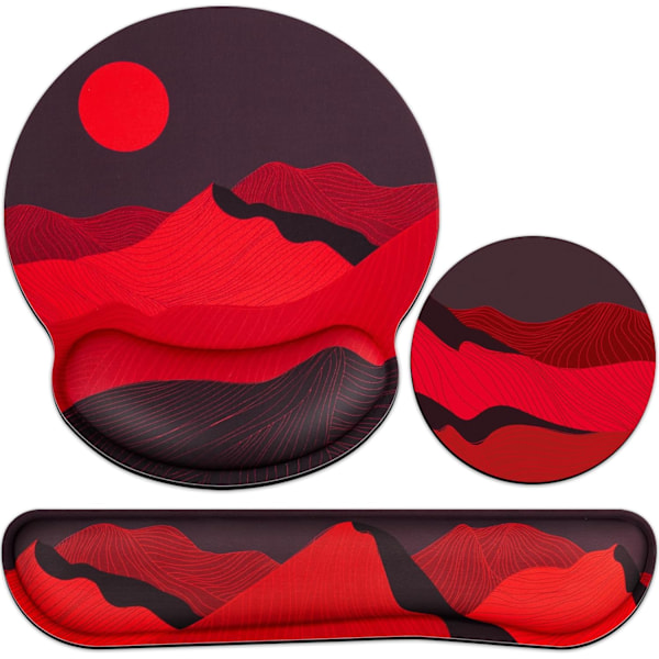 Musmatta med handledsstöd, Qomolama 3-i-1 handledsstöd musmatta set, Gaming musmatta med halkfri bas, Ergonomisk musmatta, Memory Foam tangentbord Golden Mountain-red