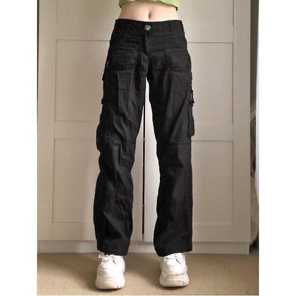 Streetwear för kvinnor svarta Cargo-jeans, Y2k retrostil byxor med fickor och rynkade detaljer S