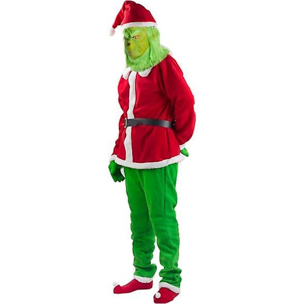 Jultomten Geek Tjuv Grön Päls Monster Grinch Kostym 7 st Vuxen Jul Fest Cosplay Dräkt S