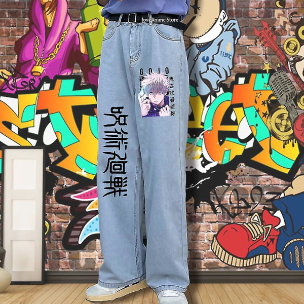 Anime Jeans Jujutsu Kaisen Jeans Herr Jeans Streetwear Harajuku Loose Byxor Y2k Jeans Hip Hop Byxor med vida ben Herrkläder black 1 S
